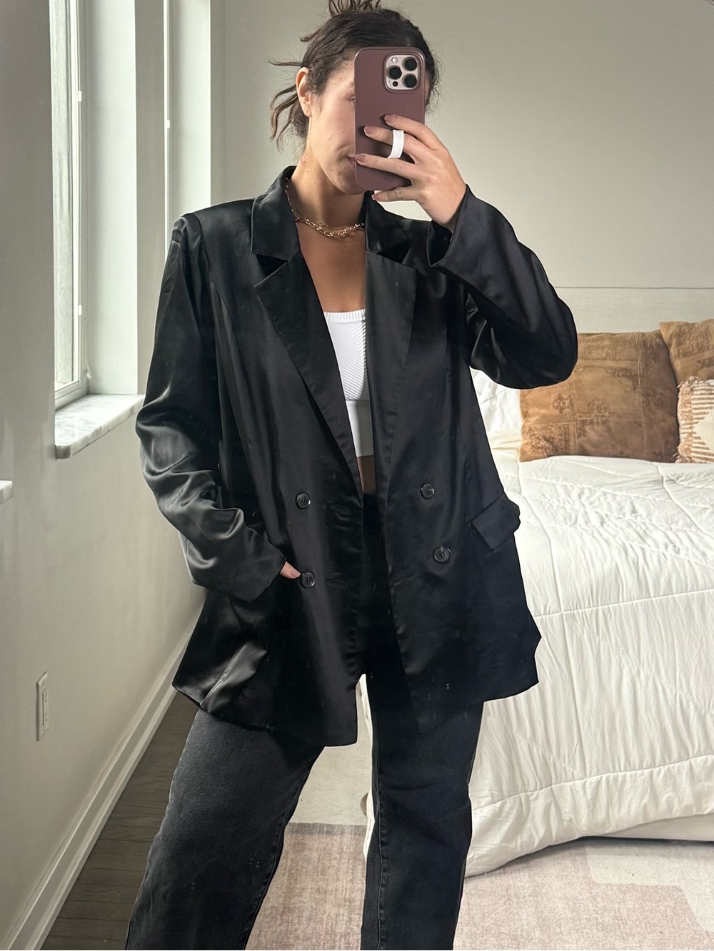 12th Tribe Black Satin Double-Breasted Oversized Blazer